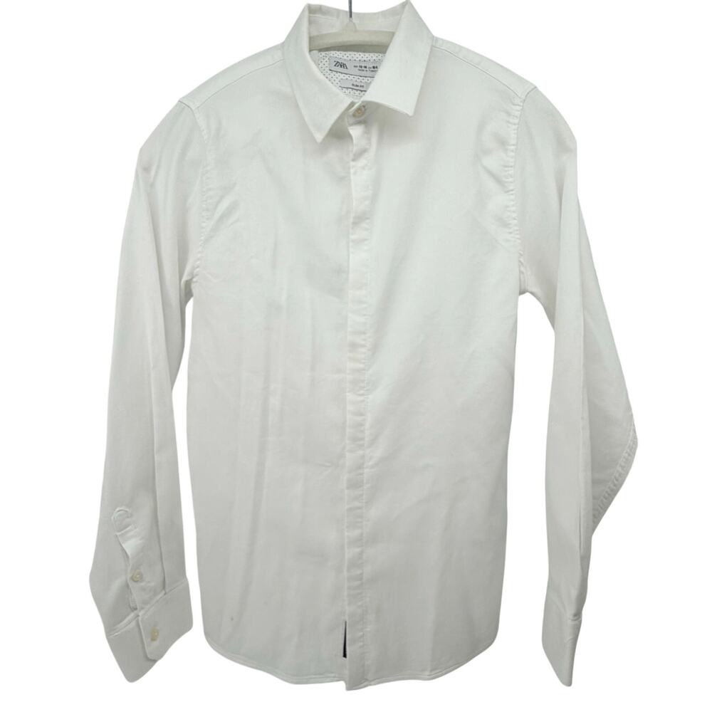 Zara Slim Fit Button Down Dress Shirt White Boys 13 14 / Men XXS EUC